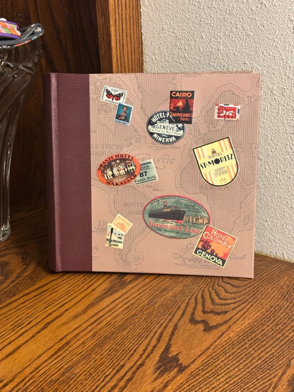 Vintage Travel Sticker Hardcover Photo Album - Maroon and Beige